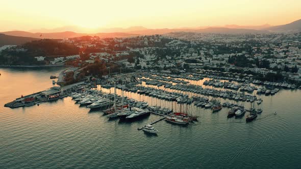 Aerial Drone View of Sea Harbor Boats and City Architecture