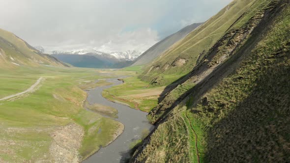 Aerial Rising View Of Truso Valley In K Azbegi