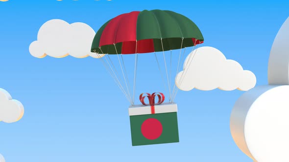 Box with National Flag of Bangladesh Falls with a Parachute