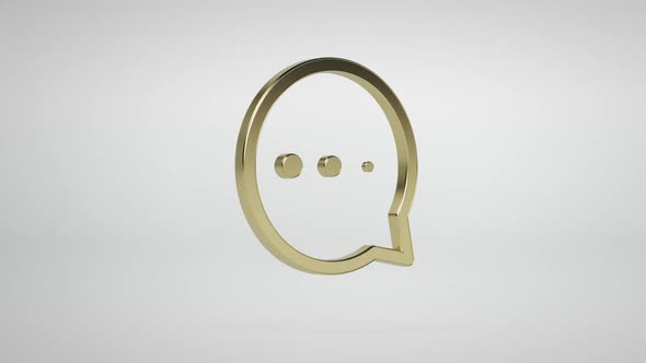 Golden Icon. Chat Speech Bubble Icon With Dots Rotate Around it Axis on a Soft White Studio.