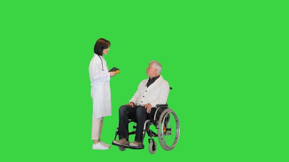 Doctor Measuring Body Temperature of an Aged Male Patient in a Wheelchair on a Green Screen, Chroma