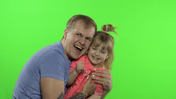 Father and Little Daughter Laughing, Playing Together. Chroma Key. Fathers Day