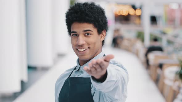 Friendly African American Young Guy Male Waiter Salesman Restaurant Cafe Kitchen Bar Worker in Apron