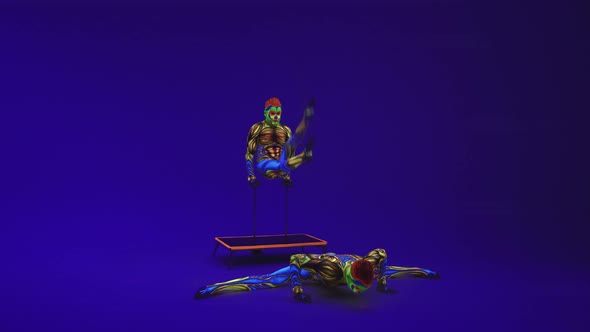 Guys Acrobats Twins In Neon Glowing Body Art Perform Splits.On A Blue Cyclorama