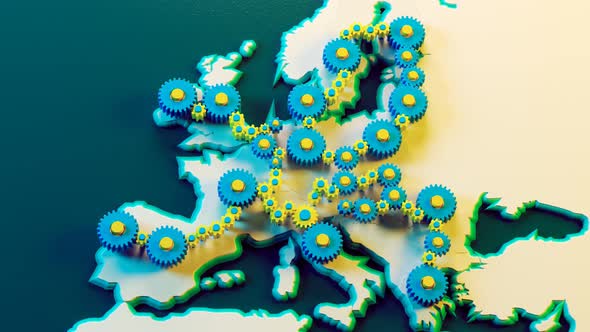 European Union map created with spinning plastic gears. Economic cooperation