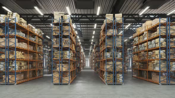 Horizontal camera move in warehouse room with cardboard boxes.