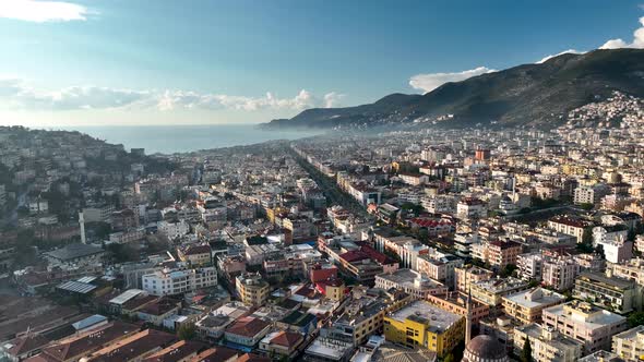 Colorful Panorama sunset over the city Aerial View 4 K Alanya Turkey