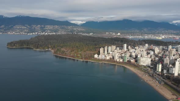 Various drone shots at English Bay near downtown Vancouver, BC during Polar Bear 2019 event