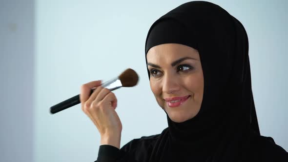 Happy Woman Applying Face Blush, Face Contouring, Preparing for Event, Cosmetics