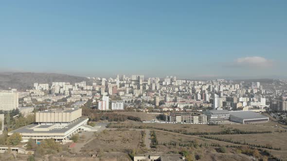 Fly Over Saburtalo District With City Panorama 