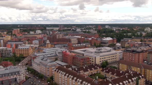 Norrkoping city downtown in aerial view with Vertigo effect