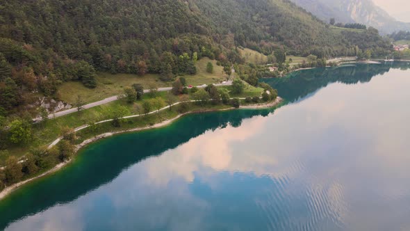 Aerial view on road on coast of Lake Ledro Italy