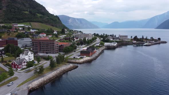 Leikanger seafront during summer day - Norway aerial