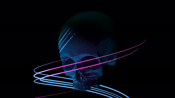 Abstract Blue and Pink Gradient Human Skull Surrounded By Spiral Lines