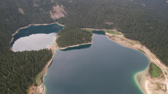 Aerial view of the Black Lake or Crno jezero , Montenegro, Zabljak, Europe