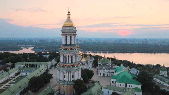 Kyiv-Pechersk Lavra in the Morning at Sunrise. Ukraine. Aerial View