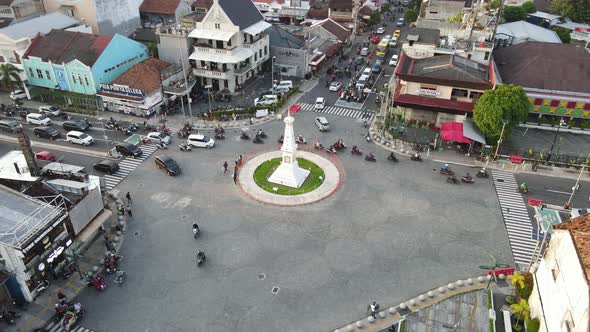 Aerial view of Tugu Yogyakarta Landmark with busy traffic.