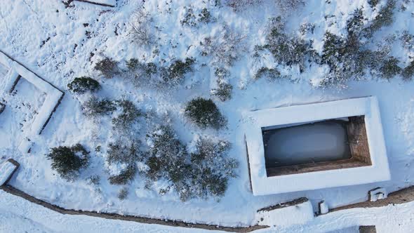 Aerial View Historical City Castle Snow