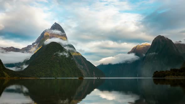 Time Lapse of Milford Sound Mitre Peak in Fiordland National Park, New Zealand.