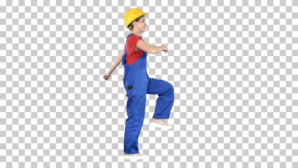 Happy Woman Construction Worker Walking in Funny Way Willing