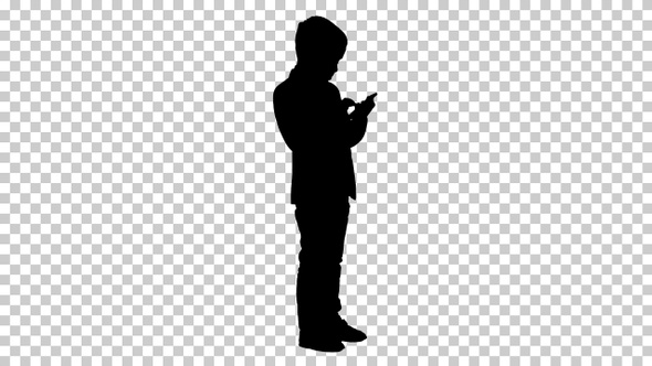 Silhouette Young boy in elegance suit playing with mobile alt