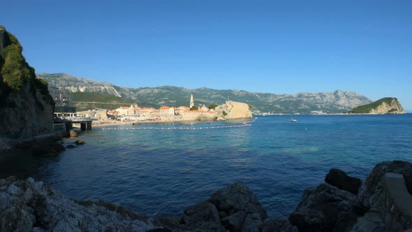 Beautiful View of the Beach Coast with Hotels in Montenegro, Sea. Rest and Relaxation, Mountains