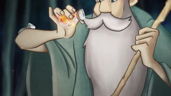 Cute cartoon wizard preparing a potion in a cauldron