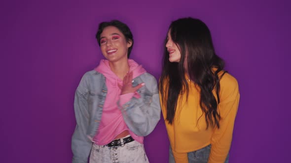 Two Happy Stylish Girls Dancing Having Fun Shooting Social Media Video