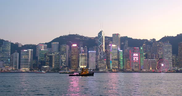 Victoria harbor in Hong Kong at sunset