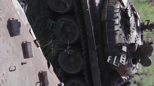 Vertical Video of a War in Ukraine  Destroyed Military Hardware