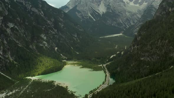 Panorama over Durrensee lake in Dolomites mountain range, Tyrol Italy