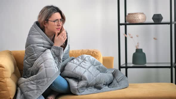 Illness Woman Coughing Sitting Couch Wrapped Blanket Feeling Influenza