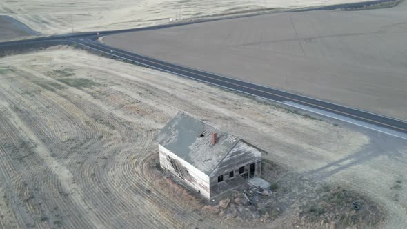 The abandoned Highland one room schoolhouse at the crossroads of US 2, Aerial orbit