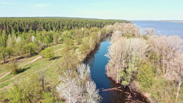 Overview of the River Between the Field with Trees