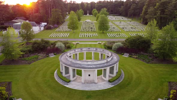 Aerial shot of sunset over Brookwood Military Cemetery - a memorial for soldiers