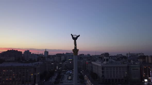 Independence Square at Night. Maidan. Monument. Aerial. Kyiv. Ukraine
