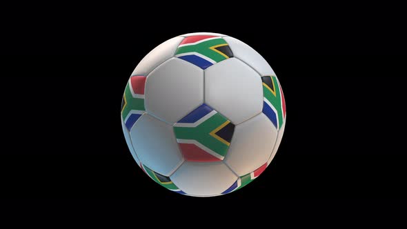 Soccer ball with flag South Africa, on black background loop alpha alt
