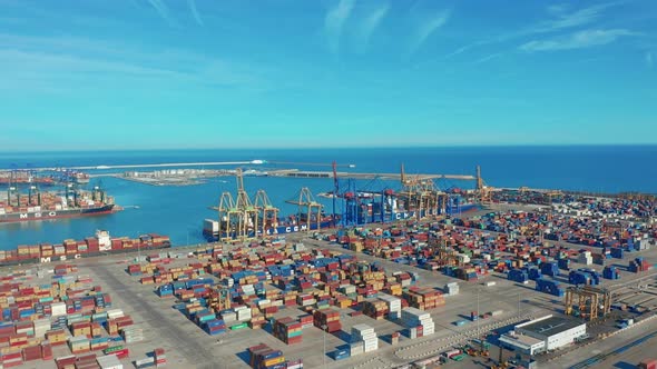 Largest Port of Spain Valencia Containers and Goods on the Quay with Cranes.