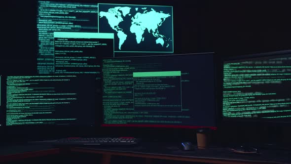 Code On Multiple Computer Screens, Cyber Attack