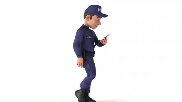 Fun 3D cartoon police man walking with a phone