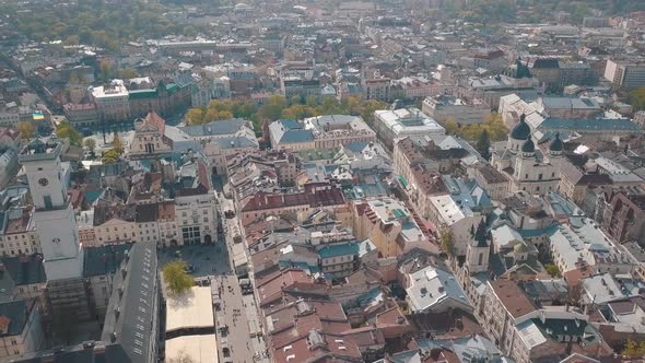 Aerial City Lviv, Ukraine. European City. Popular Areas of the City. Town Hall