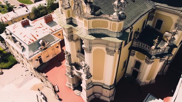 Aerial drone view of a flying over the Catholic Cathedral