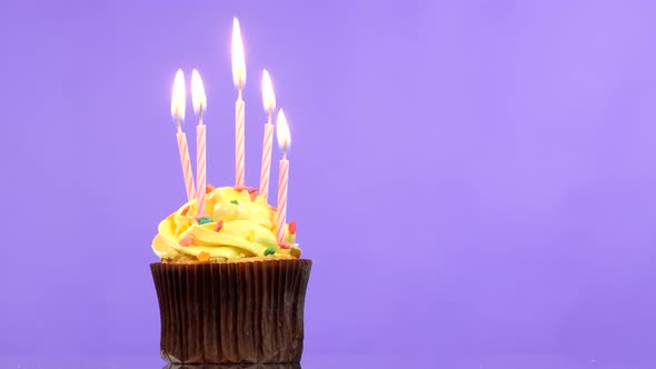 Tasty Birthday Cupcake with Five Candle, on Purple Background