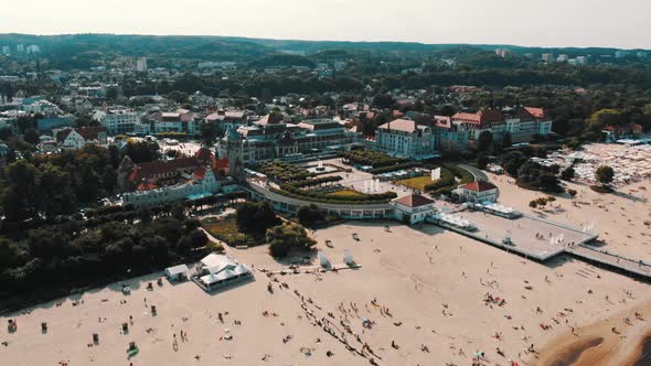 Aerial Cityscape of the Sopot, Poland, Kuracyjny Square and Sandy Non Crowded Beach