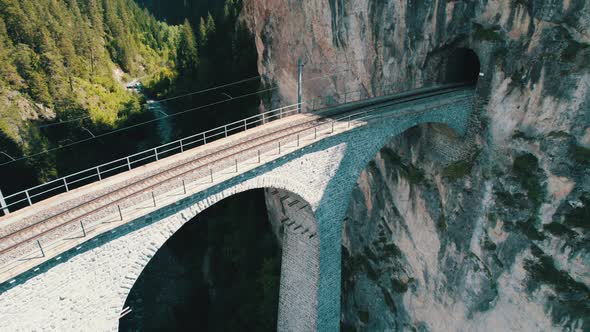 Aerial View of the Landwasser Viaduct in the Swiss Alps at Summer