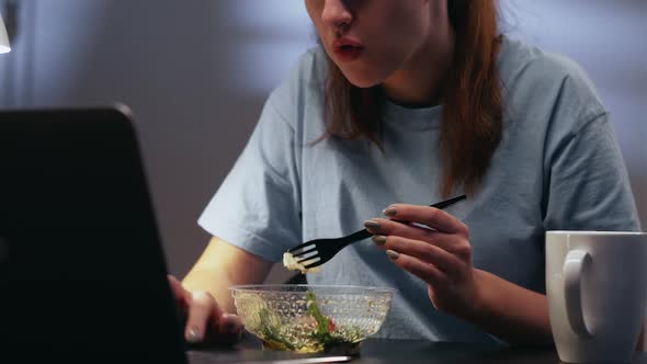 Night Work Late Dinner Woman Busy Eating Salad
