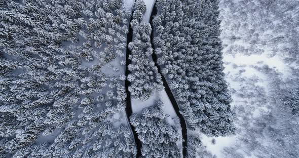 Overhead Aerial Top View Over Hairpin Bend Turn Road in Mountain Snow Covered Winter Forest
