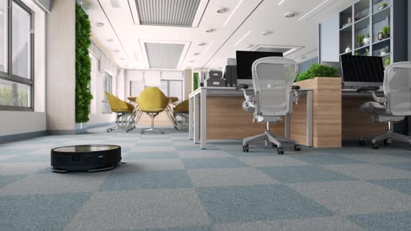 Smart Cleaning Technology With Robotic Vacuum Cleaner In Green Office