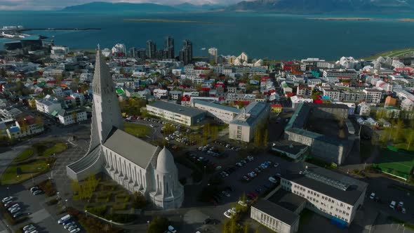 Aerial View of the Hallgrimskirkja Church in Reykjavik