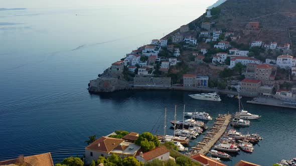 Aerial View of Hydra Old Town and Marina or Seaport Greece  Drone Videography